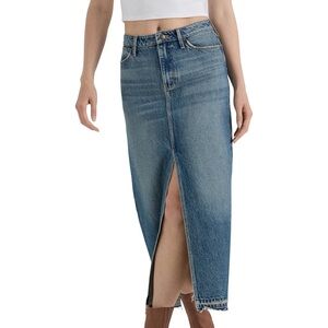 High-Waist Blue Denim Midi Skirt with Front Slit